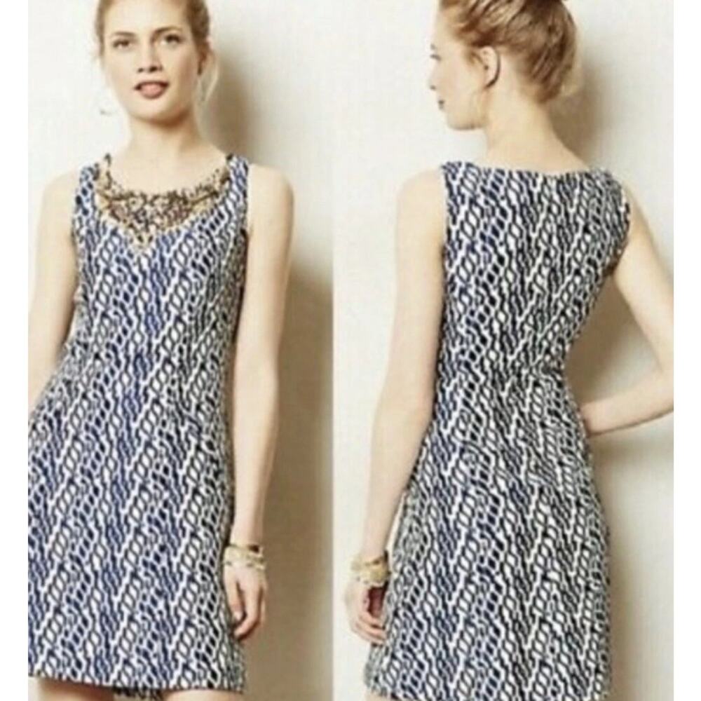 Anthropologie Moulinette‎ Soeurs Wooden Beads Jacquard Dress Blue Size 2 Petite